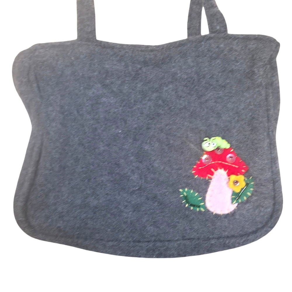 Gray Felt Shoulder Bag Whimsical Mushroom Caterpillar Applique Zipper  closure - Picture 2 of 7
